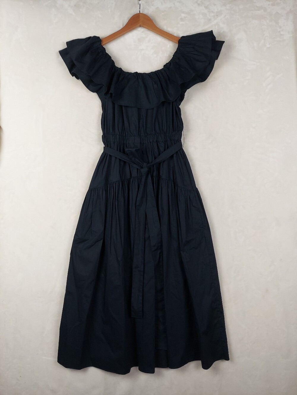 Ulla Johnson Amira Ruffle Poplin Midi Dress Black Spring Summer 2022 Sz 00